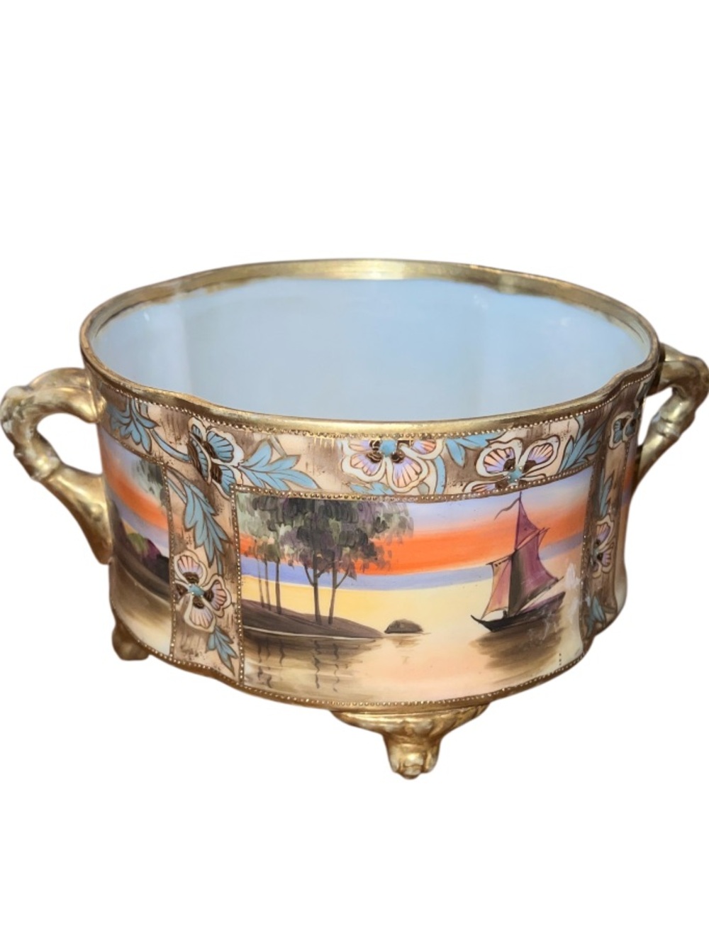 Antique Nippon Noritake Hand Painted Porcelain Footed Bowl Planter Art Nouveau